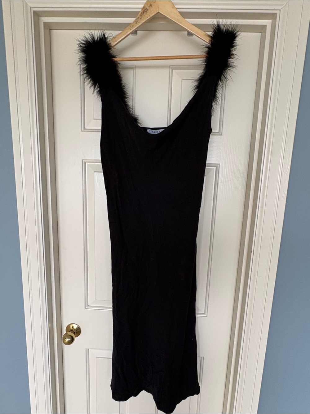 Sleeper Bias Cut Black Dress with Feather-Trimmed Straps